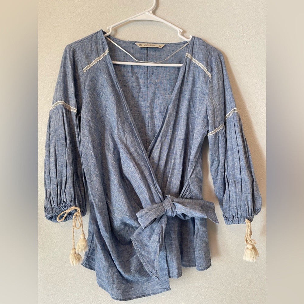 Zara blue linen cotton blend wrap-around blouse bow tie tassel cinched sleeve